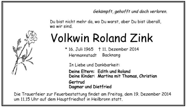 Zink Volkwin 1965-2014 Traueranzeige